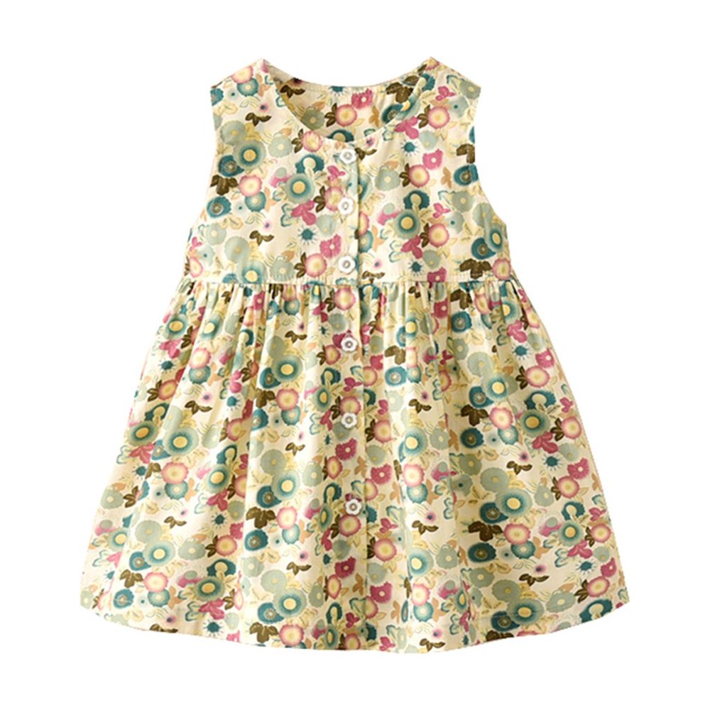 Green/Multi Floral Front Buttons Cotton Little Girl Dress